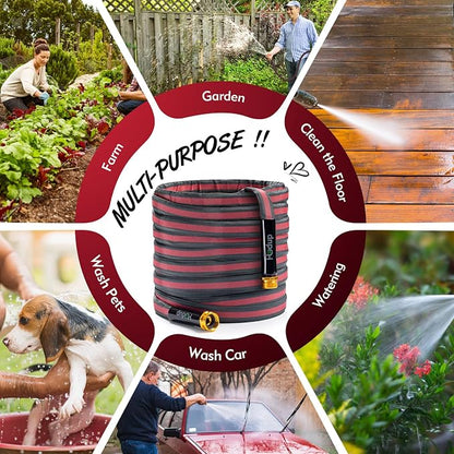 2026 Upgraded Non-Expanding Garden Hose - 25FT Lightweight Flexible, High-Pressure Anti-Kink/Burst-Resistant Lead-Free Outdoor Water Hose (Gray/Red)