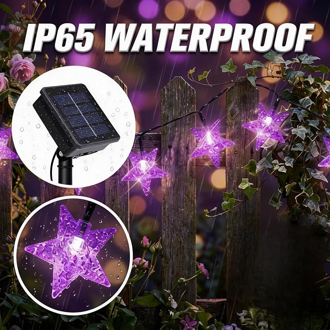 Twinkle Solar Star String Lights Outdoor Waterproof 39FT/100L Fairy Lights | 8 Modes Camping Garden Wedding Party Tree Holidays Backyard Patio Purple