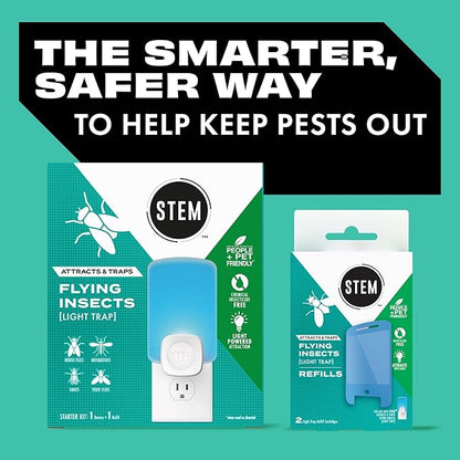 STEM Flying Insect Trap - Indoor Fruit Fly & Gnat Catcher for Home, Kitchen & Any Room, Attracts & Traps Bugs, Soft Blue UV Light - Includes 2 Plug-In Devices & 2 Cartridges