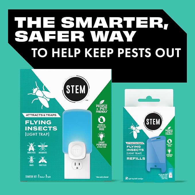 STEM Flying Insect Trap - Indoor Fruit Fly & Gnat Catcher for Home, Kitchen & Any Room, Attracts & Traps Bugs, Soft Blue UV Light - Includes 1 Plug-in Device & 1 Cartridge