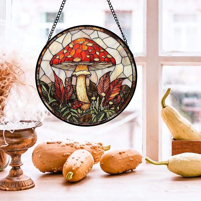 DASTOLL Stained Glass Window Hanging, Big Red Mushroom Suncatcher for Doors Home Sun Catchers Decoration and Christmas, Mother's Day Birthday Gifts for Women, Men, and Mom 6.3 in