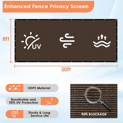 iCover 8x50ft Privacy Screen Fence, Outdoor Fencing Panels, Garden Windscreen Mesh Shade Sail Net Barrier, Include Reinforced Bindings and Brass Grommets Cable Zip Ties, Brown
