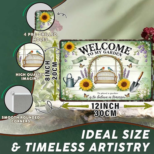 PEACHGARDEN Welcome To My Garden Metal Sign Women's Gardening Gift Garden Wall Art Decor For Outdoor Yard Patio Porch 8x12 inch