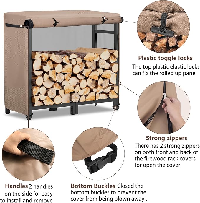 34Inch Firewood Rack Cover,Heavy Duty 600D Waterproof Outdoor Firewood Storage Rack Cover,All Weather Protection Outdoor Firewood Rac Cover.14 D x 34" W x 31" H. Khaki(Cover Only)