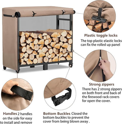 34Inch Firewood Rack Cover,Heavy Duty 600D Waterproof Outdoor Firewood Storage Rack Cover,All Weather Protection Outdoor Firewood Rac Cover.14 D x 34" W x 31" H. Khaki(Cover Only)