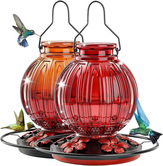 2 Pack Glass Hummingbird Feeder for Outdoors Hanging, Bird Nectar Feeder with Perch & 5 Flower Feeding Ports, 26 Oz Leak Proof for Outside Garden Decor Backyard, Gifts for Women Mom, Red + Orange Red