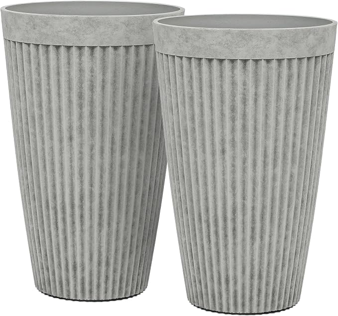 Autodaya 20" Ivory Outdoor Fluted Resin Tall Planters Set of 2 | High-Density Resin Pots with Drainage Holes for Indoor and Outdoor Plants, Patio, Garden, Porch, Living Room, or Gifting