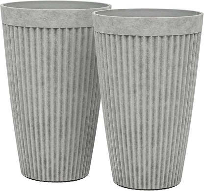 Autodaya 20" Ivory Outdoor Fluted Resin Tall Planters Set of 2 | High-Density Resin Pots with Drainage Holes for Indoor and Outdoor Plants, Patio, Garden, Porch, Living Room, or Gifting