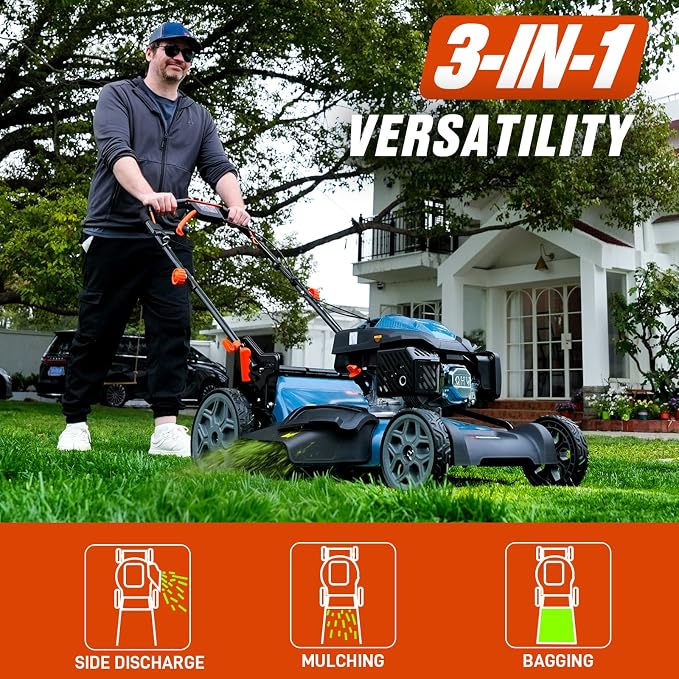 SENIX 201cc 22" 3-in-1 Variable Speed Self Propelled Gas Lawn Mower | Self Propelled Lawn Mower, 22" Self Propelled Gas Lawn Mower, 6 Height Adjustable