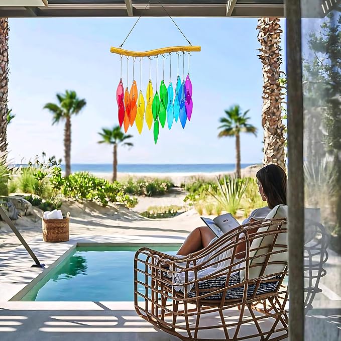 Solar Wind Chimes Outdoor with Glass and Copper (Glass Leaf 1) | Solar Powered, Garden Decor, Patio Decor, Glass and Copper, Outdoor Use