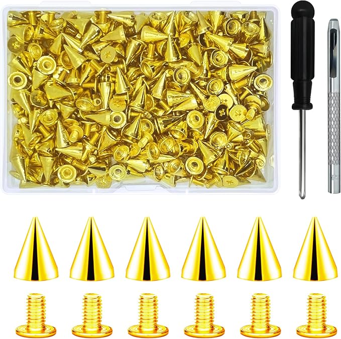 200 Sets 9.5mm Cone Spikes Metal Tree Spikes Screwback Studs for DIY Leathercraft Decoration Punk Rock Style Clothing Accessories (Gold)