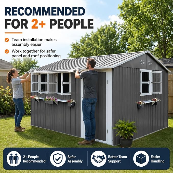 KEIKI 12x10 FT Outdoor Metal Storage Shed with 3 Clear Windows, Flower Rack Lockable Single Door Heavy Duty Steel Tool Shed Waterproof Rust Resistant Windproof for Backyard Garden Patio, Grey