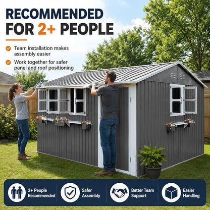 KEIKI 12x10 FT Outdoor Metal Storage Shed with 3 Clear Windows, Flower Rack Lockable Single Door Heavy Duty Steel Tool Shed Waterproof Rust Resistant Windproof for Backyard Garden Patio, Grey
