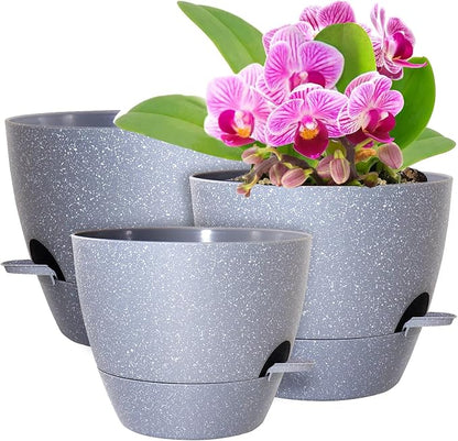 WSMKSZ Big Self Watering Pots 12/10/9 inch, Planter, Plant Pots with Mesh Drainage Holes for Indoor Outdoor Garden Plants, Plastic Flower Pots with Removable Deep Reservoir, Speckled Grey