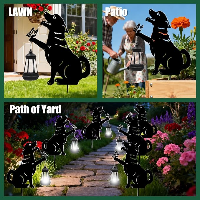 Black Dog Patio Decorations Outdoor - Solar Lights Outdoor Garden Decor Stake with Butterfly Decorative Metal Housewarming Ornament for Yard Pathway Lawn Patio – Unique Gift Ideas for Christmas