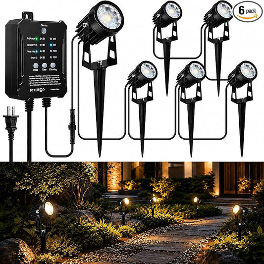 Low Voltage Landscape Lighting Kit, 6 Pack LED Spotlights with 24W Transformer, Dusk-to-Dawn Sensor & Timer, 3000K Waterproof Outdoor Landscape Lights for Yard, Garden, Pathway, Trees