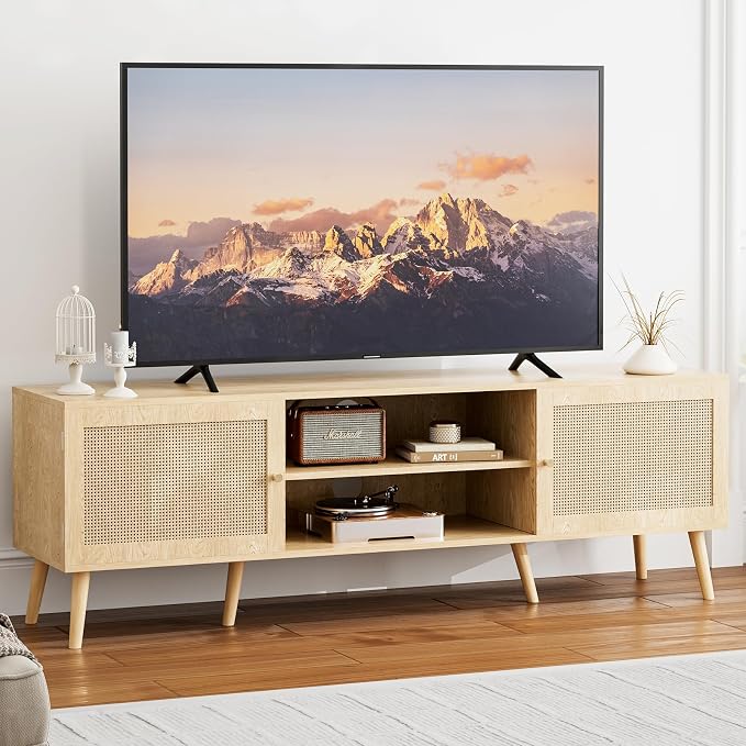 ZttRiee TV Stand with Rattan Doors for TVs up to 65", Mid-Century, Natural | 54.7"W x 15.7"D x 18.9"H, 150 lbs capacity, 2 rattan-door cabinets & 1 shelf (4 compartments), 2 cord holes, 6 wood feet