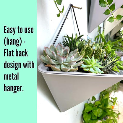 LaLaGreen Wall Planter (12in, 4 Pack) Large Indoor Self Watering Flower Pot | White and Gray Mixed Color Geometric Vertical Garden Plant Wall Hanging Vase Vessel with Black Metal Hanger Modern Stylish