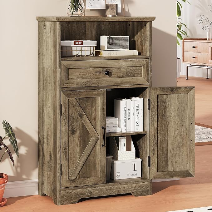 Floor Cabinet, Farmhouse Storage Cabinet with Barn Doors and Drawer, 11.81" D x 23.62" W x 39.37" H Grey Freestanding Adjustable Shelf Organizer for Bathroom, Kitchen, Living Room