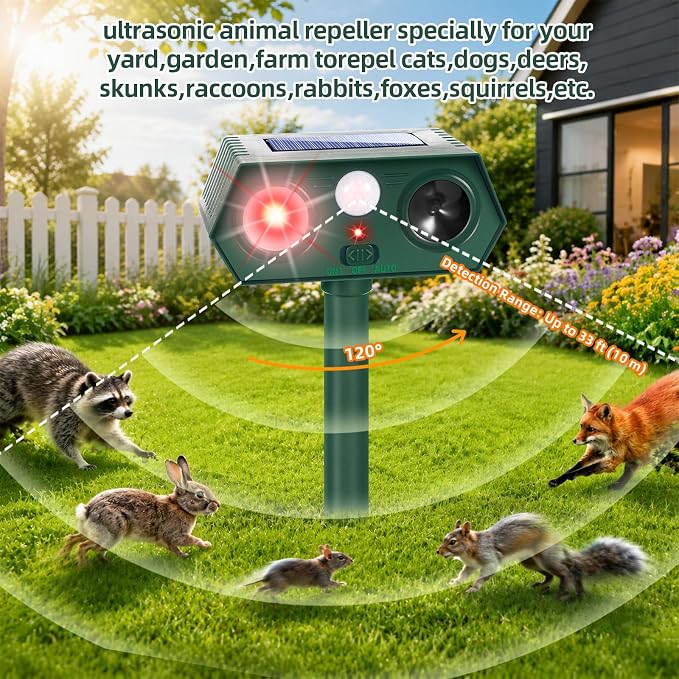 4Pack Solar Animal Repeller Outdoor,Waterproof Sonic Fortress Pro Deer Repellent Devices,Cat Repellent with Red&Blue Flash Lights to Scare Rabbit Raccoon Squirrel