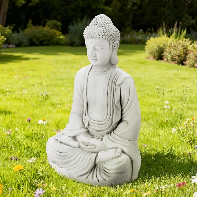 Glitzhome 29.5-inch Zen Meditation Buddha Garden Statue, White Oversized Tall Large Indoor and Outdoor Sculpture, Hand-Finished MGO & Fiberglass Decor for Home Patio Yard