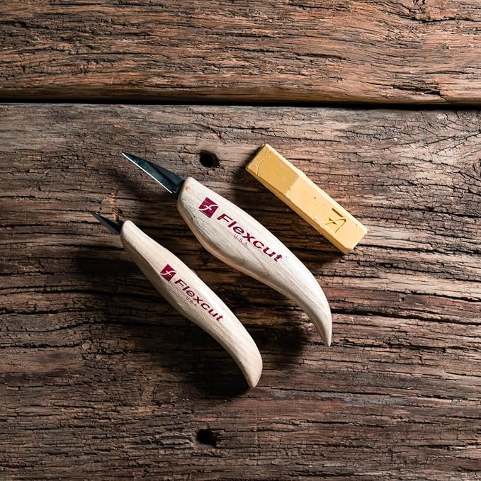 Flexcut Whittler’s Knife Kit (KN300) 2-Piece Set with KN13 & KN27 High-Carbon Steel Blades, Ergonomic Ash Wood Handles, Gold Polishing Compound, 5.2 oz, Made in USA