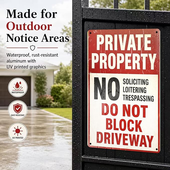 Private Property Tin Sign, 12 x 8 Inch No Soliciting Aluminum Metal Wall Decor, Vintage No Trespassing Notice for Porch, Gate, Fence, Entryway