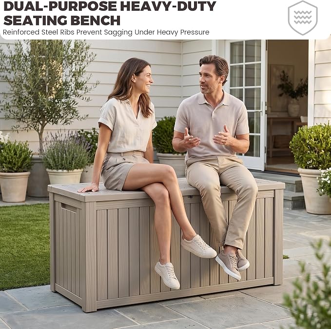 Outdoor Storage Box, 200 Gallon Waterproof Deck Box [Upgraded 3.1], Large Resin Storage with Hydraulic Lifts for King Cushions, Heavy Duty Lockable Bench Seat, Pool Deck, Grey