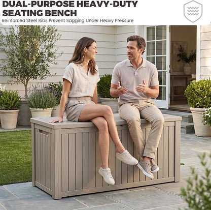 Outdoor Storage Box, 200 Gallon Waterproof Deck Box [Upgraded 3.1], Large Resin Storage with Hydraulic Lifts for King Cushions, Heavy Duty Lockable Bench Seat, Pool Deck, Grey