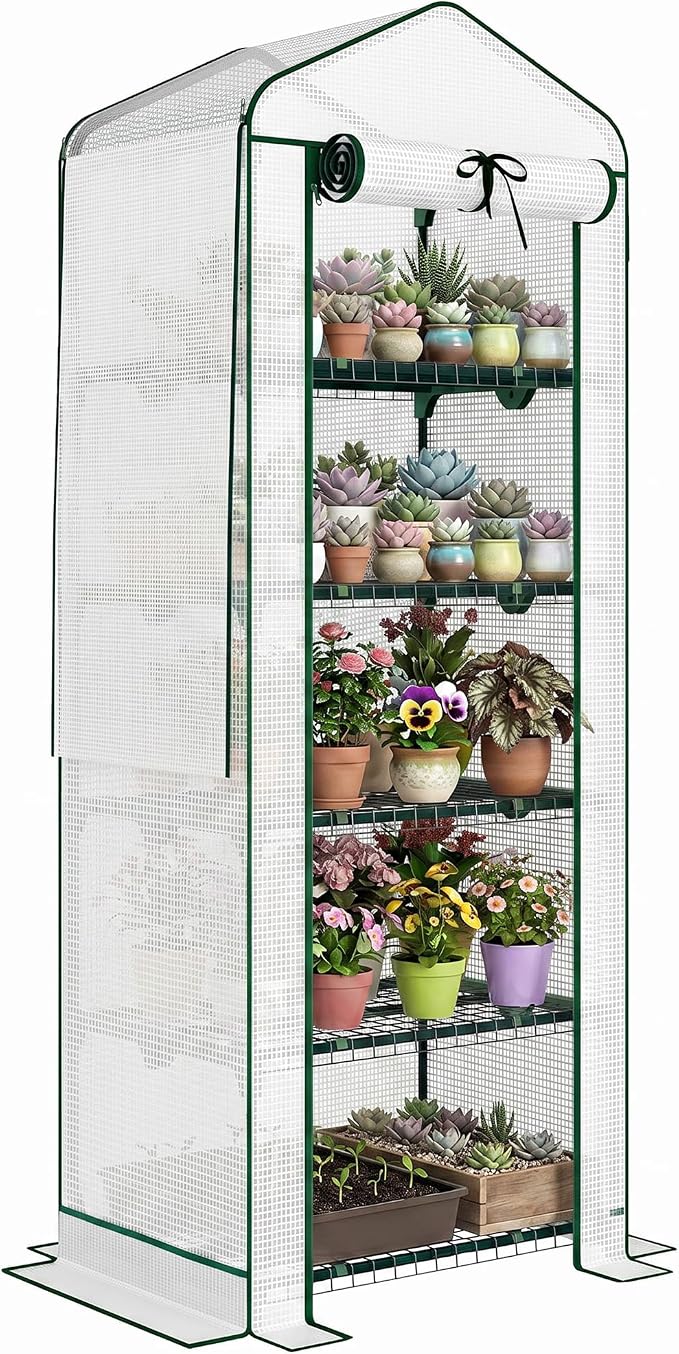 Outsunny 5 Tier Mini Greenhouse with Screen Roof, 27.6" x 19.7" x 75.6", Portable Small Greenhouse with High Strength PE Cover, Roll-Up Zipper Door for Garden Yard Backyard, White