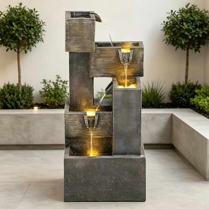 AUTODAYA 32.5" 5-Tier Stacked Blocks Fountains LED Cascading Waterfall | outdoor modern concrete texture, garden patio deck backyard,Porch or Home Décor