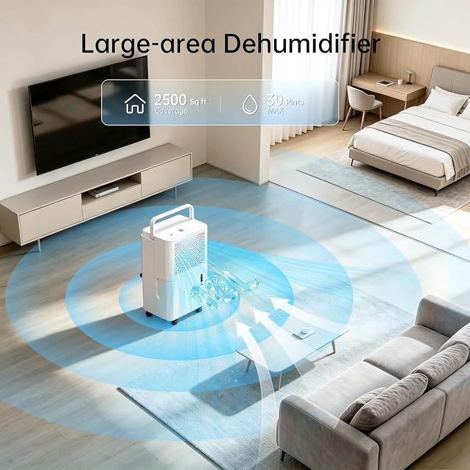 HUMSURE 2500 Sq. Ft MAX 30 Pints Dehumidifier Equipped With Drainage Hose, Automatic Defrosting, 24-Hour Timer, Ideal for Basement, Home, Bathroom, Bedroom