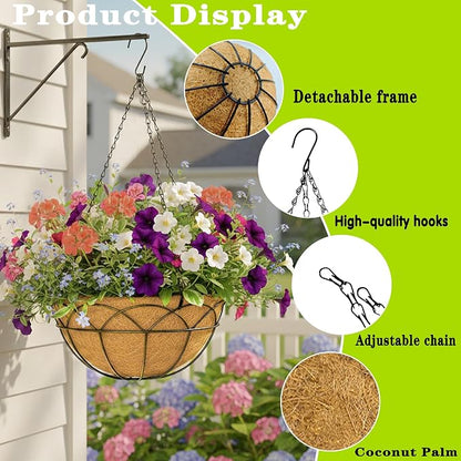 4 Pack 14 Inch Black Wire Hanging Planter with Coir Fiber Outdoor Round Hanging Basket with Metal Chain for Balcony Porch Farmhouse Country Style Garden Decor (Lotus Pattern)