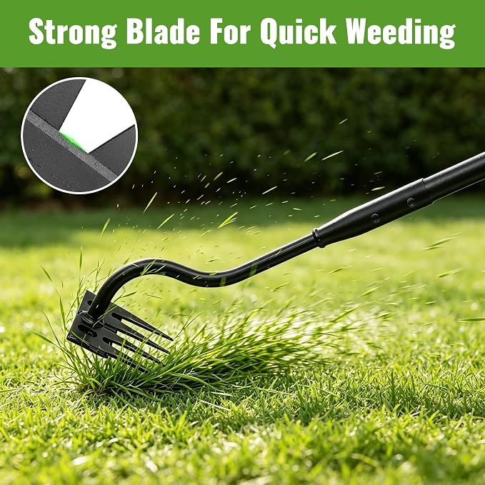 Weeding Rake Long Handle,70 Inch Manual Weeder Tool for Weeding Loosening Soil Cultivating Heavy Duty Metal 4 Teeth Weed Puller Tool for Backyard, Lawn, Garden Beds