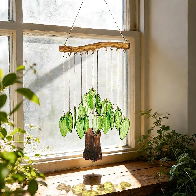 YU FENG Glass Wind Chime, Green Leaf Hanging Decor for Garden & Patio | Handcrafted leaf design, iron wood-look hanging bar, metal chime accents, window hanging ornament, outdoor home decoration