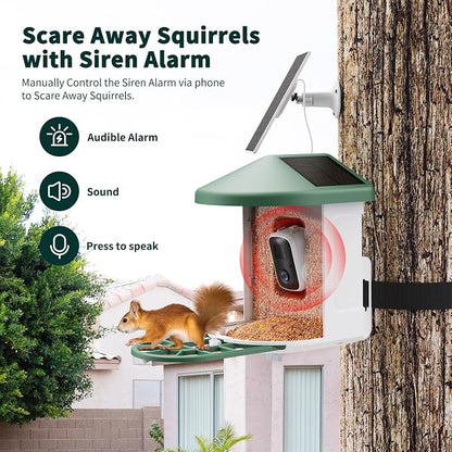 HARYMOR Smart Bird Feeder with Camera - AI Identify Birds Species, Solar Powered Bird House with Cam, 2L Large Capacity, 2K HD Video Live Stream, Instant Arrival Alerts - Green