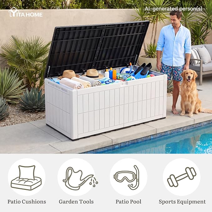 YITAHOME XXL 240 Gallon Extra Large Deck Box | Waterproof Resin Outdoor Storage Box w/Lock and 3-Person Bench Seating for Patio Furniture Cushions,Garden Tools & Pool