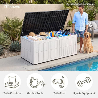 YITAHOME XXL 240 Gallon Extra Large Deck Box | Waterproof Resin Outdoor Storage Box w/Lock and 3-Person Bench Seating for Patio Furniture Cushions,Garden Tools & Pool