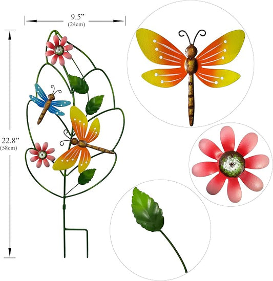 Metal Garden Stakes Set of 3 - Leaf Shaped Plant Support with Butterfly, Dragonfly & Ladybug, Whimsical Yard Art Garden Decorations for Outdoor Lawn Patio Pathway