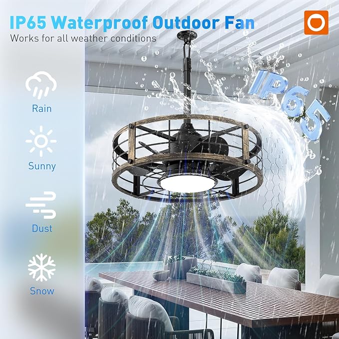 addlon 20 Inch Outdoor Ceiling Fans with Lights, IP65 Waterproof Plug in Caged Hanging Fan for Gazebo, Remote Control, 3 CCT, 6 Speeds Reversible Outdoor Fan for Patio, Pergola, Porch
