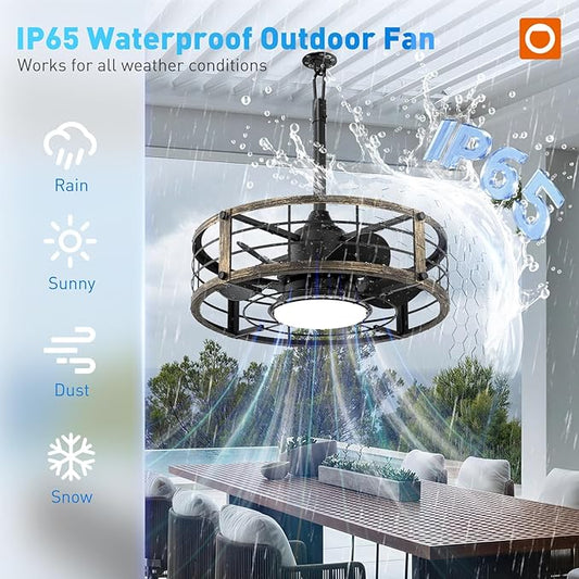 addlon 20 Inch Outdoor Ceiling Fans with Lights, IP65 Waterproof Plug in Caged Hanging Fan for Gazebo, Remote Control, 3 CCT, 6 Speeds Reversible Outdoor Fan for Patio, Pergola, Porch