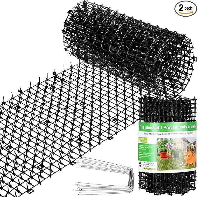 Sanwuta 2 Pcs 26.3 ft Cat Spike Mat Outdoor Cat Deterrent Mat with Spikes Prickle Strips Indoor Dog Digging Deterrent Anti Network Spikes with 10 Staples for Garden Fence(Black)
