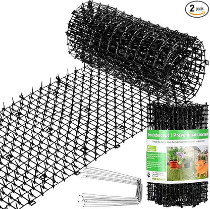 Sanwuta 2 Pcs 26.3 ft Cat Spike Mat Outdoor Cat Deterrent Mat with Spikes Prickle Strips Indoor Dog Digging Deterrent Anti Network Spikes with 10 Staples for Garden Fence(Black)