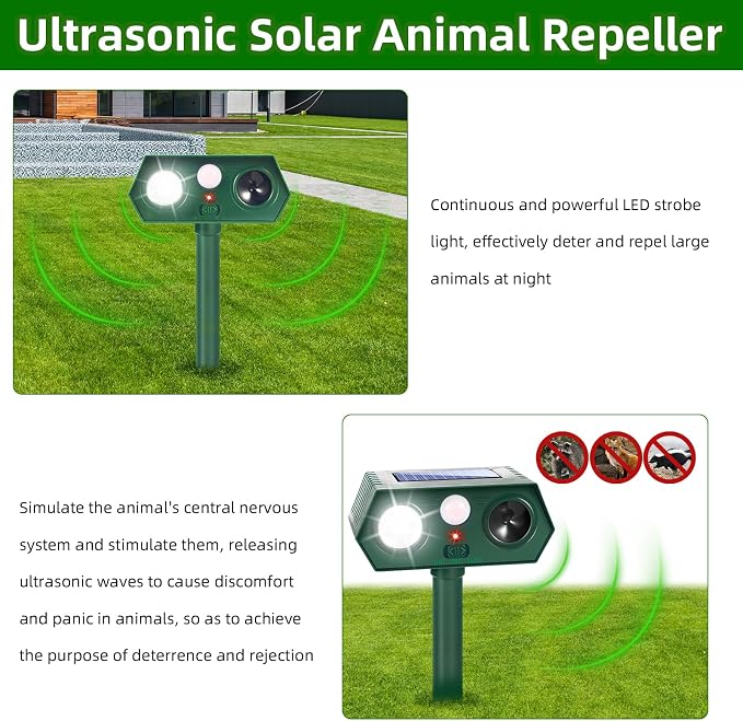 2026 Upgraded Solar Ultrasonic Animal Repellent Deer Repellent Devices with Motion Sensor & Flashing Light Cat Repellent Outdoor to Keep Squirrel Raccoon Rabbit Away from Yard Garden 2 Pack