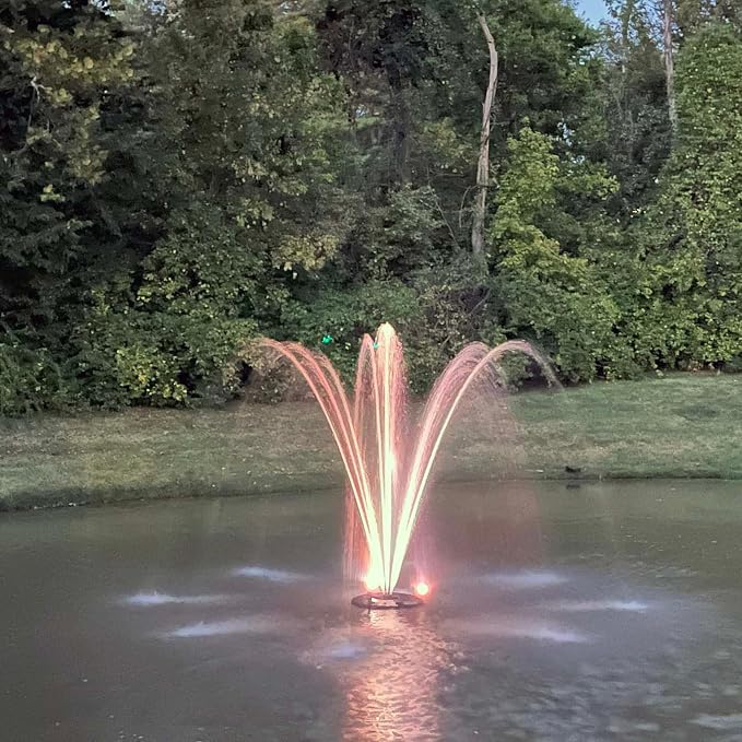 Half Off Ponds 1 HP Floating Fountain and Aerator | 15,000 GPH output, 13 spray patterns, Color-changing LED lights, 100 ft power cord, Energy-efficient