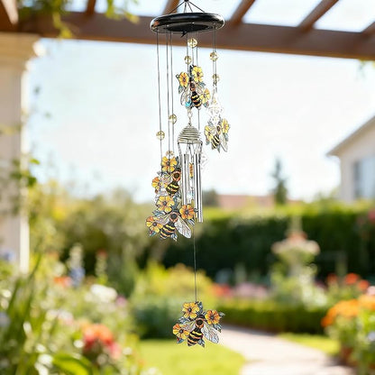 YU FENG Bee Wind Chime with Crystal Suncatcher, Memorial Outdoor Decor | 27 Inch Metal Hanging Chime, Bee Design, Meaningful Gift For Mom Grandma, Garden Yard Patio Decoration