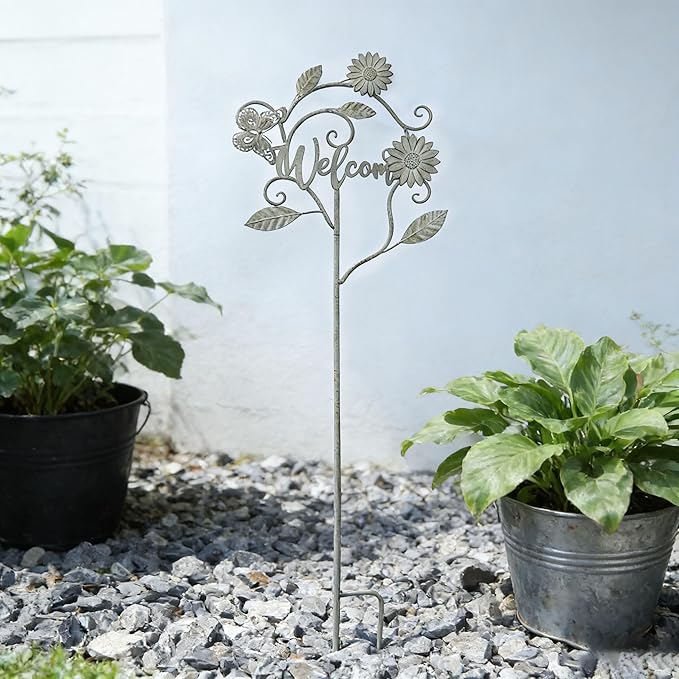 Decorative Garden Stakes with Welcome Sign,Metal Garden Stakes Yard Decor | 56"H Metal Flower Outdoor Yard Decoration,Lawn and Flower Bed Outdoor Garden Decor