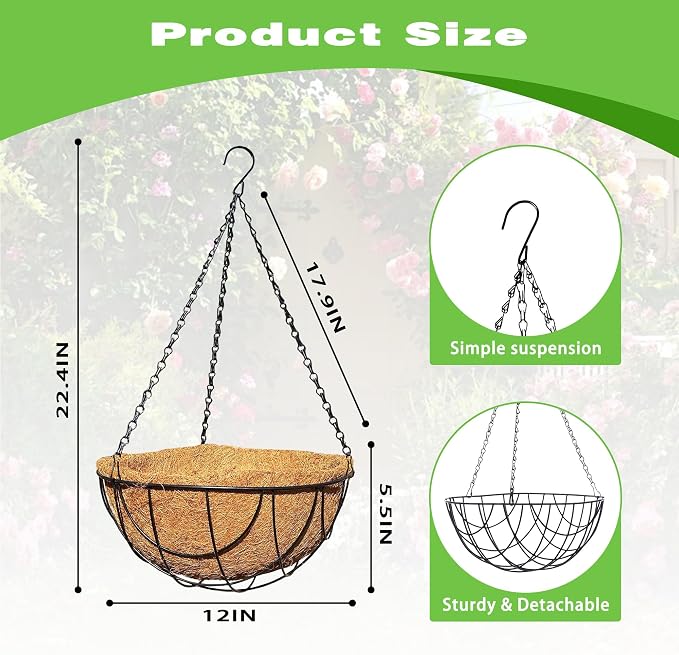 4 Pack 12 Inch Black Metal Hanging Basket Hanging Planter with Coco Coir Liner Heavy Duty Hanging Flower Pot Holder for Indoor Outdoor Patio Garden Porch Balcony Decor (Earth)