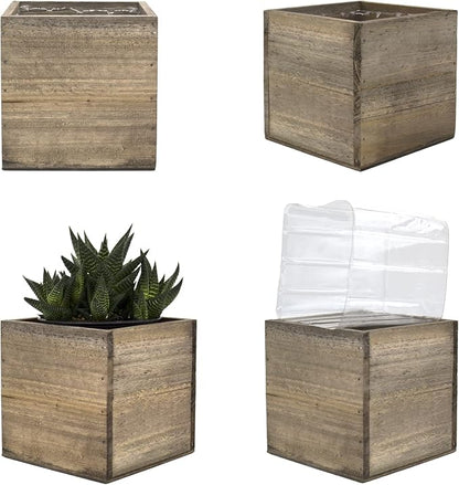 CYS EXCEL Cube Planter Box with Removable Plastic Liner (5"x5"x5")(4 PCS) | Multiple Size Choices Wood Square Planter | Indoor Decorative Window Box