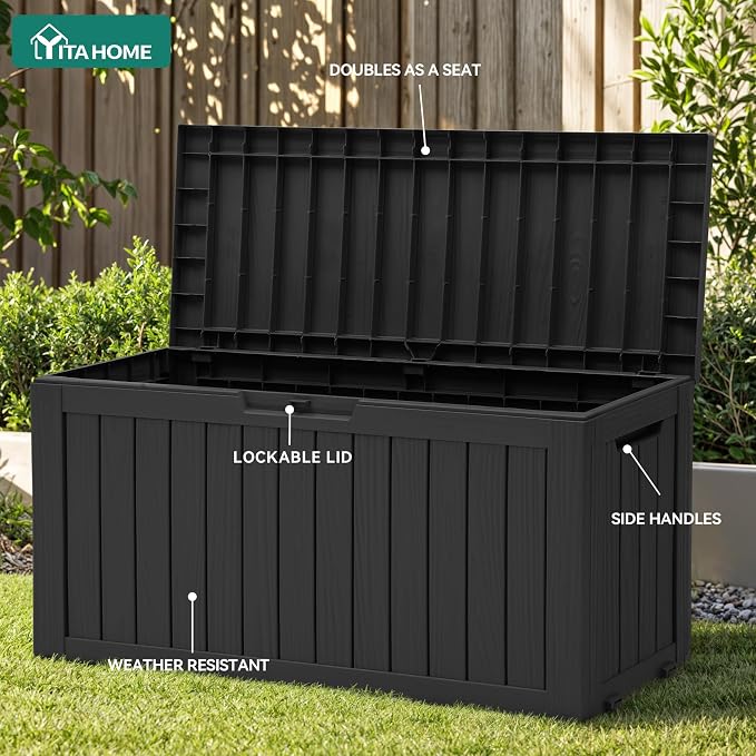 YITAHOME 72 Gallon Outdoor Storage Box w/Wheels | Resin Deck Box Indoor & Outdoor Patio Storage Box for Throw Pillows, Athletic Gear(Black)